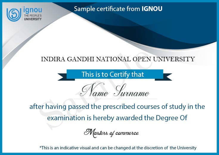 IGNOU M.com Sample Certificate