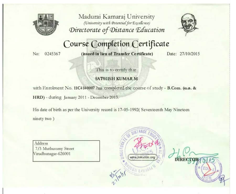 madurai kamaraj university sample certificate